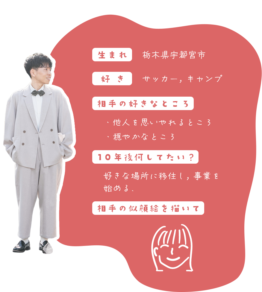 KATOKEI_生まれ-栃木県宇都宮市_好き-サッカー、キャンプ_相手の好きなところ-他人を思いやれるところ、穏やかなところ_10年後何してたい？-好きな場所に移住し、事業を始める_相手の似顔絵を描いて